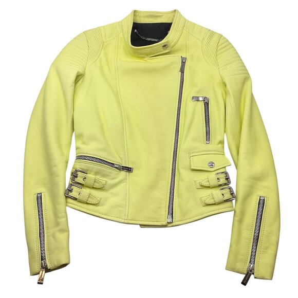 Barbara Bui Lime Moto Zip Lambskin Leather Jacket
